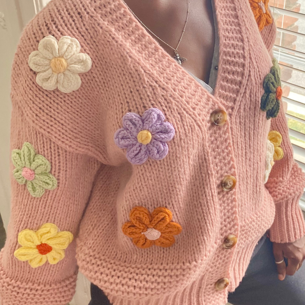 3-D Daisy Button Down Cardigan - PINK