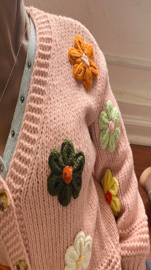 3-D Daisy Button Down Cardigan - PINK